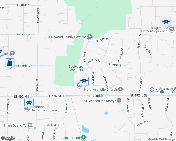 map of restaurants, bars, coffee shops, grocery stores, and more near 12545 Southeast 188th Place in Renton
