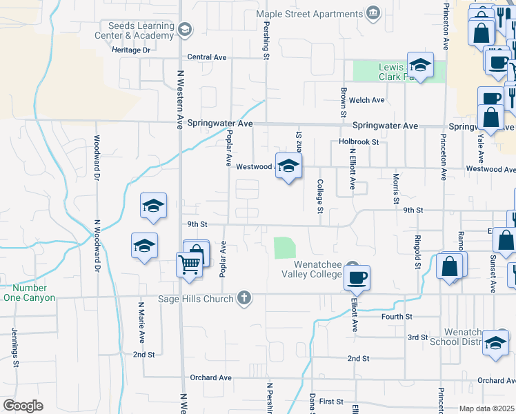 map of restaurants, bars, coffee shops, grocery stores, and more near 1603 Fairview Avenue in Wenatchee