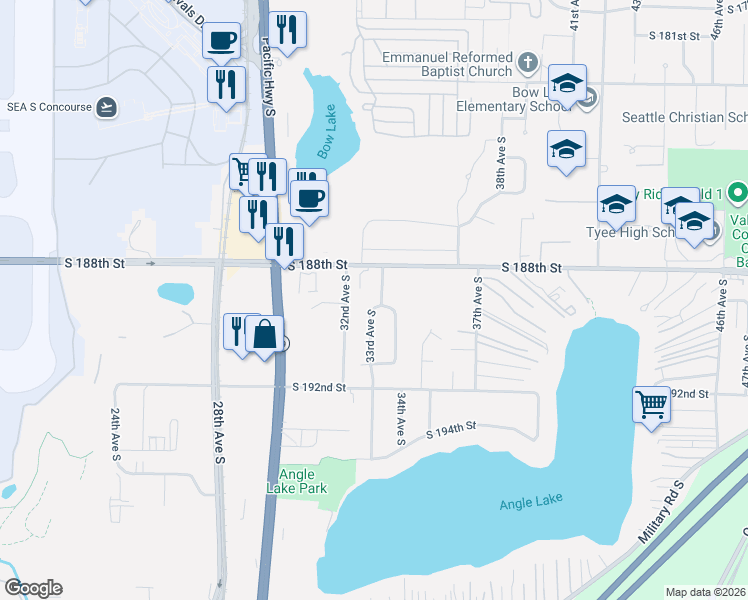 map of restaurants, bars, coffee shops, grocery stores, and more near 18909 33rd Avenue South in SeaTac
