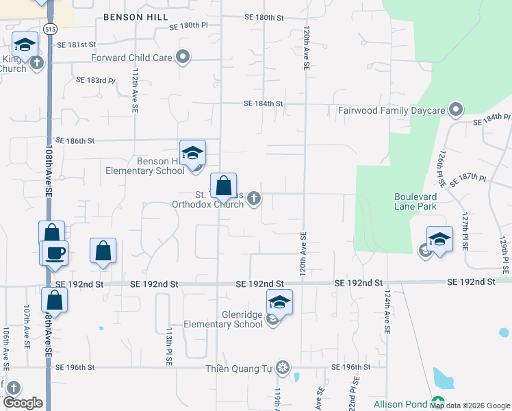 map of restaurants, bars, coffee shops, grocery stores, and more near 18839 118th Avenue Southeast in Renton