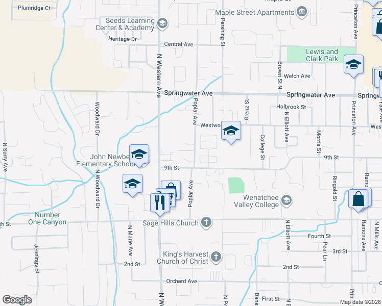 map of restaurants, bars, coffee shops, grocery stores, and more near 902 Poplar Avenue in Wenatchee