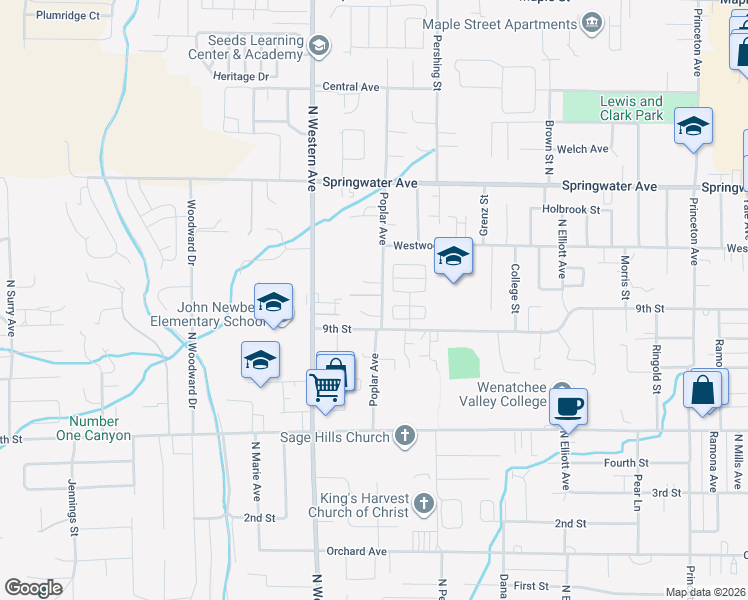 map of restaurants, bars, coffee shops, grocery stores, and more near 902 Poplar Avenue in Wenatchee