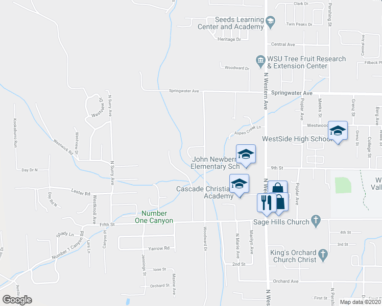 map of restaurants, bars, coffee shops, grocery stores, and more near 2042 Woodridge Street in Wenatchee