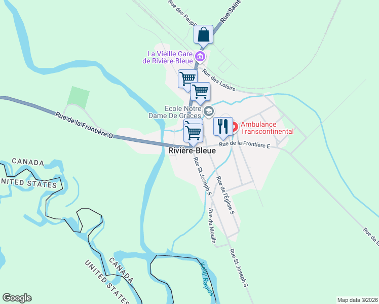 map of restaurants, bars, coffee shops, grocery stores, and more near 21 Rue de la Frontière Ouest in Rivière-Bleue