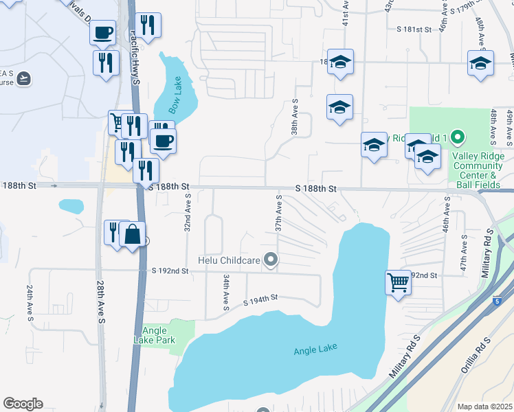 map of restaurants, bars, coffee shops, grocery stores, and more near 3595 South 188th Street in SeaTac