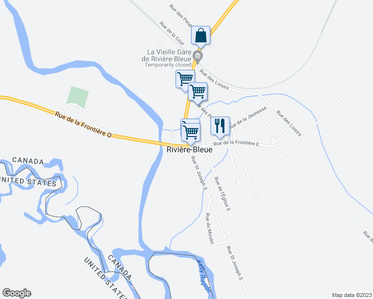 map of restaurants, bars, coffee shops, grocery stores, and more near 21 Rue de la Frontière Ouest in Rivière-Bleue