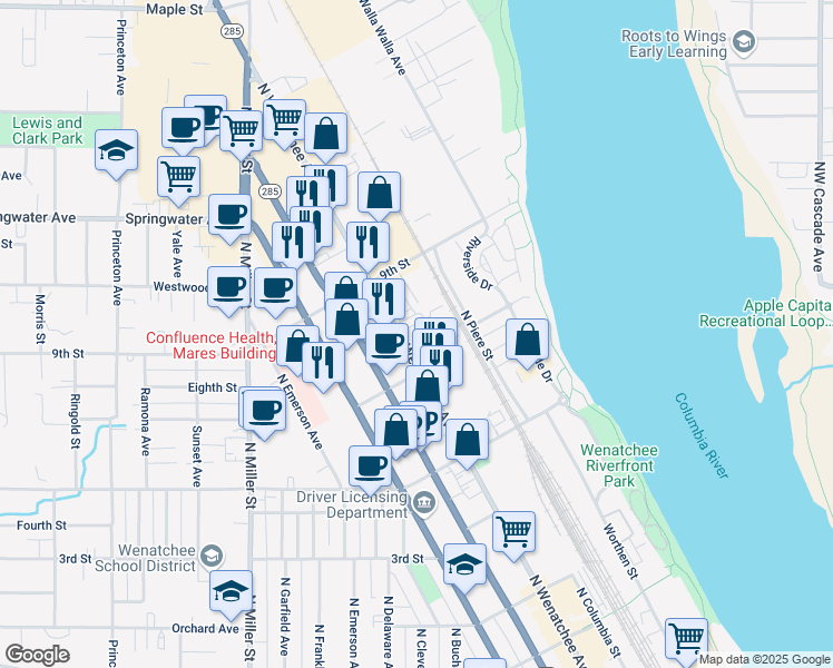 map of restaurants, bars, coffee shops, grocery stores, and more near 731 North Wenatchee Avenue in Wenatchee