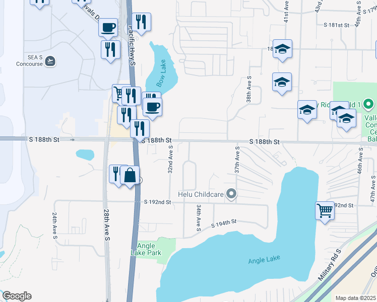 map of restaurants, bars, coffee shops, grocery stores, and more near 18804 33rd Avenue South in SeaTac