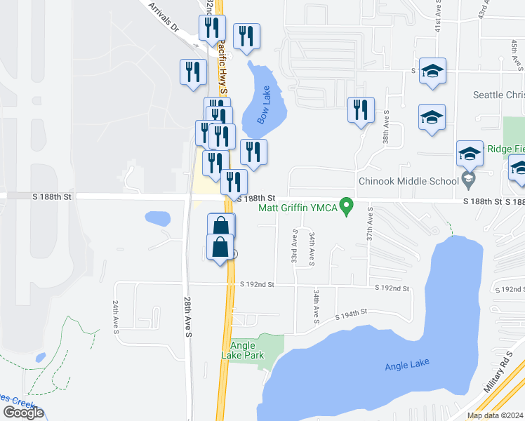 map of restaurants, bars, coffee shops, grocery stores, and more near 3051 South 188th Street in SeaTac