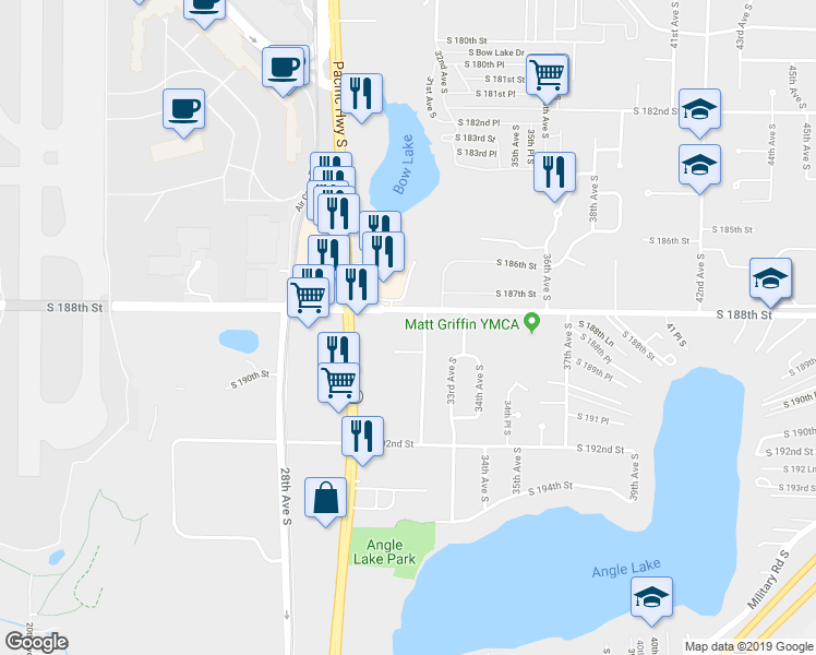 map of restaurants, bars, coffee shops, grocery stores, and more near 3051 South 188th Street in SeaTac
