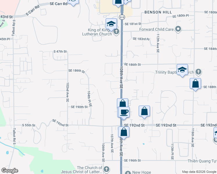 map of restaurants, bars, coffee shops, grocery stores, and more near 18701 107th Avenue Southeast in Renton