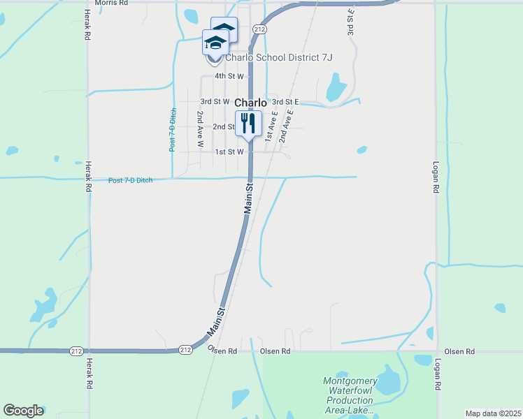 map of restaurants, bars, coffee shops, grocery stores, and more near 46 Main Street in Charlo