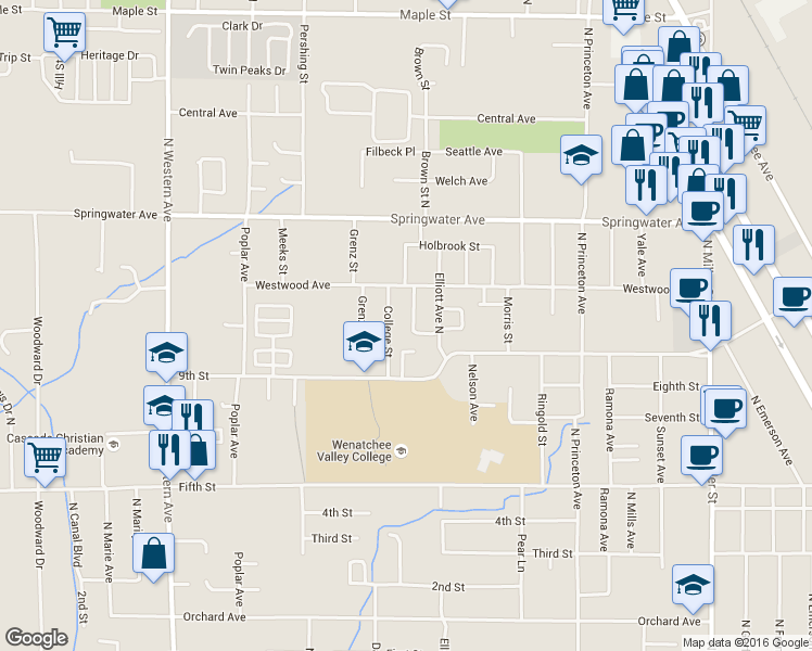 map of restaurants, bars, coffee shops, grocery stores, and more near 912 Willis Street in Wenatchee