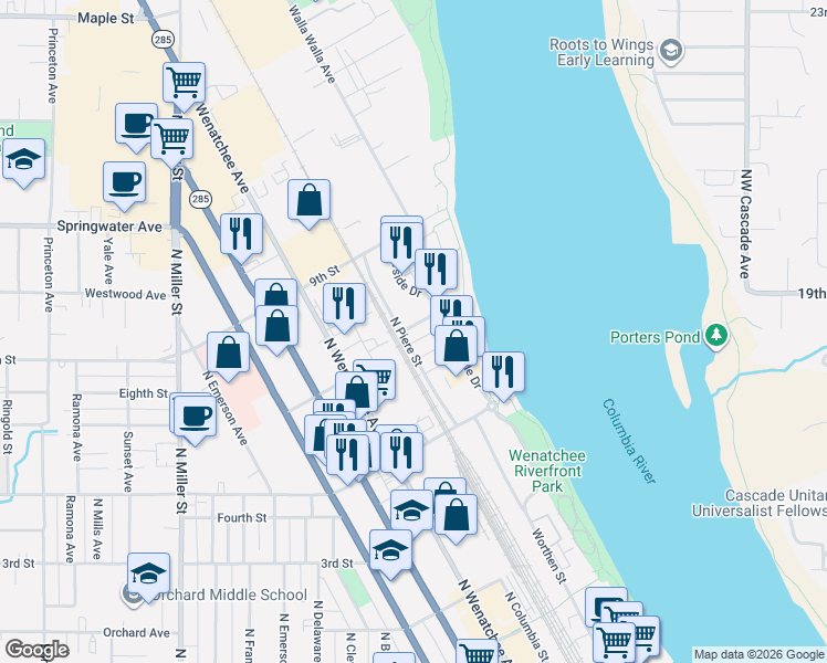 map of restaurants, bars, coffee shops, grocery stores, and more near 105 East Island View Street in Wenatchee