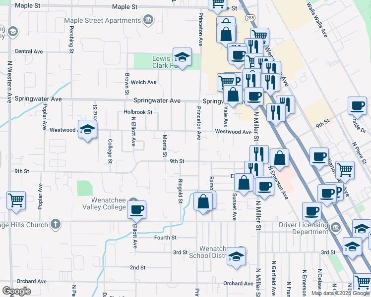 map of restaurants, bars, coffee shops, grocery stores, and more near 1311 Westwood Avenue in Wenatchee