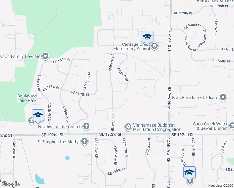 map of restaurants, bars, coffee shops, grocery stores, and more near 13416 Southeast 187th Place in Renton