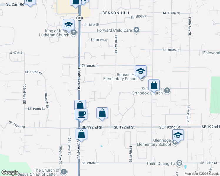 map of restaurants, bars, coffee shops, grocery stores, and more near 11042 Southeast 187th Court in Renton