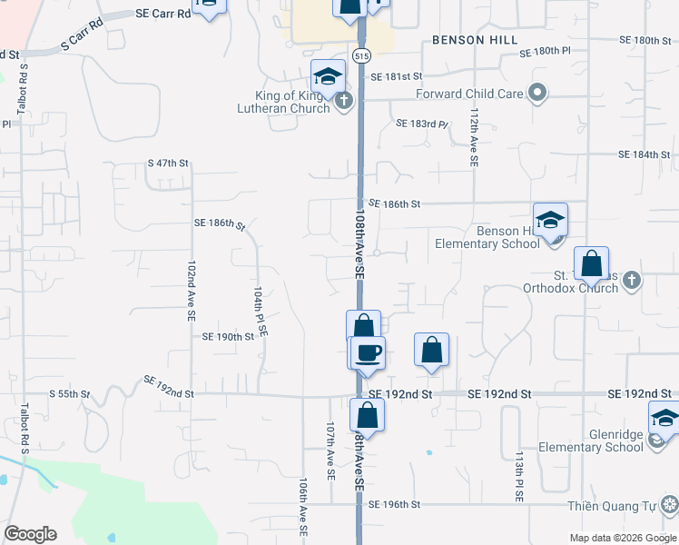 map of restaurants, bars, coffee shops, grocery stores, and more near 10727 Southeast 187th Place in Renton