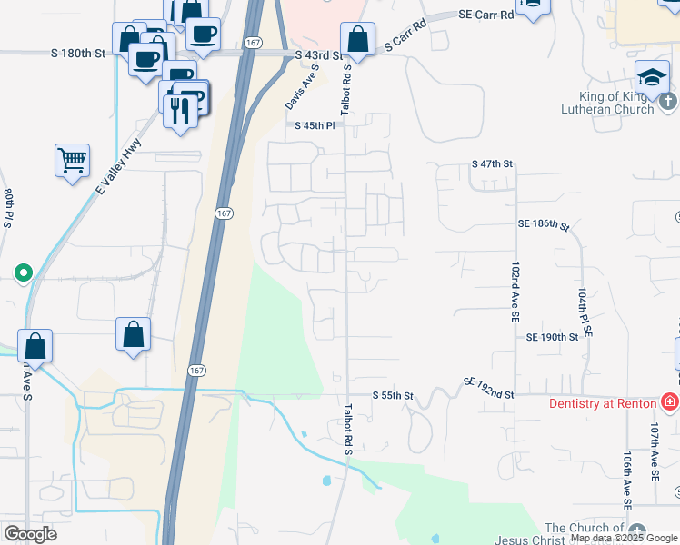 map of restaurants, bars, coffee shops, grocery stores, and more near 5100 Talbot Place South in Renton