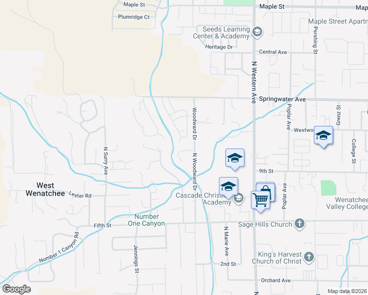 map of restaurants, bars, coffee shops, grocery stores, and more near 2010 Woodridge Street in Wenatchee