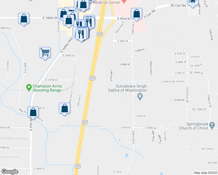 map of restaurants, bars, coffee shops, grocery stores, and more near 5007 Lake Place South in Renton