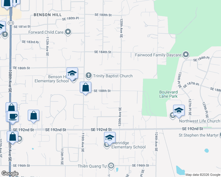 map of restaurants, bars, coffee shops, grocery stores, and more near 11828 Southeast 188th Street in Renton