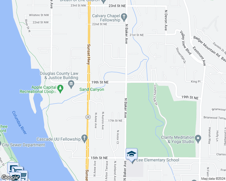 map of restaurants, bars, coffee shops, grocery stores, and more near 101 Ironwood Place in East Wenatchee