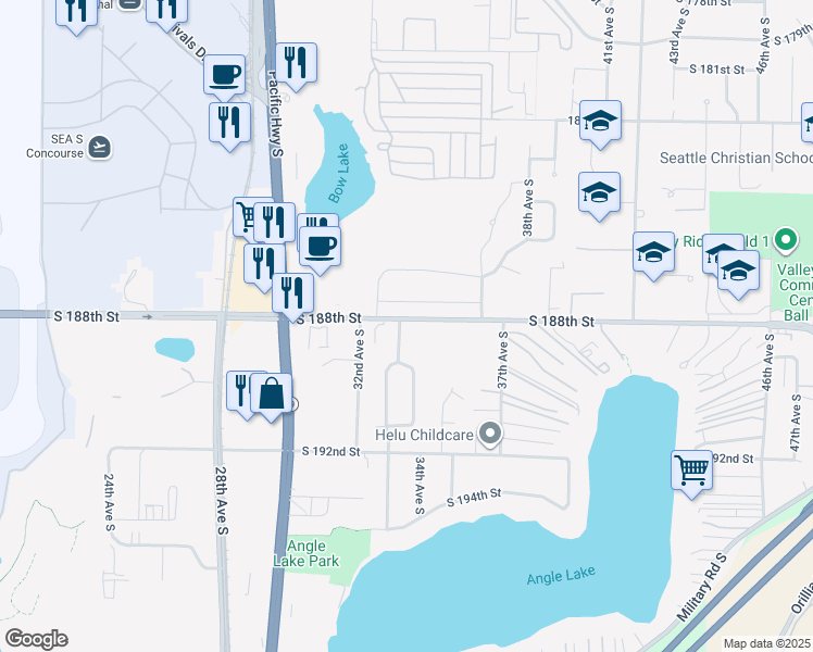 map of restaurants, bars, coffee shops, grocery stores, and more near 18804 33rd Avenue South in SeaTac
