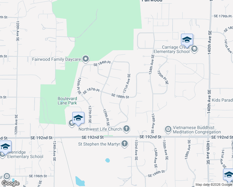 map of restaurants, bars, coffee shops, grocery stores, and more near 13002 Southeast 188th Street in Renton