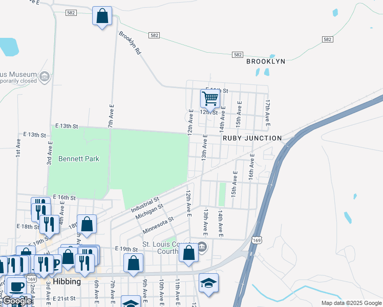 map of restaurants, bars, coffee shops, grocery stores, and more near 1202 East 14th Street in Hibbing