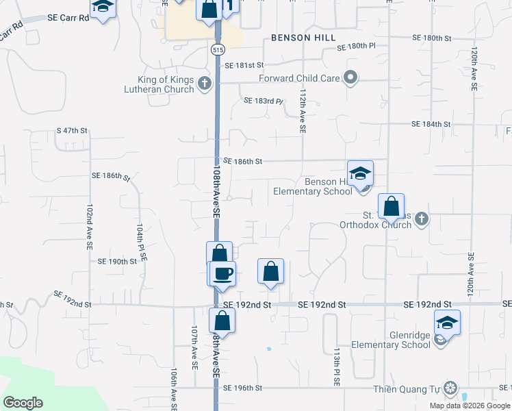 map of restaurants, bars, coffee shops, grocery stores, and more near 18740 109 Lane Southeast in Renton