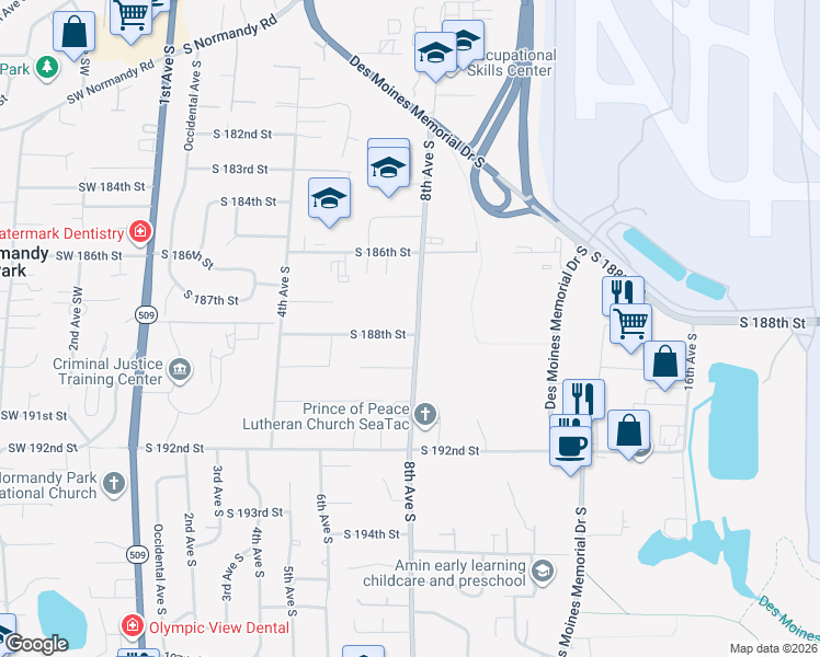 map of restaurants, bars, coffee shops, grocery stores, and more near 660 South 188th Street in Seattle