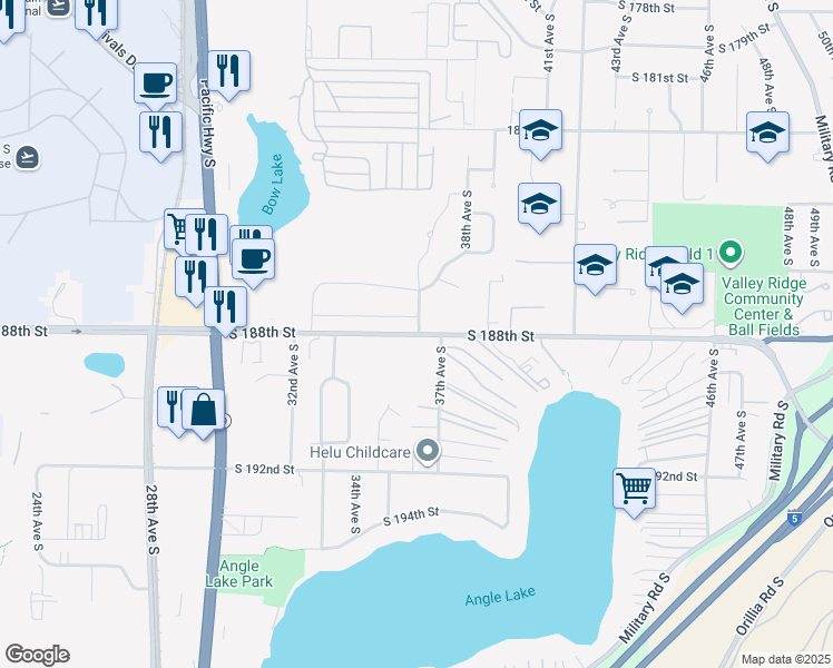 map of restaurants, bars, coffee shops, grocery stores, and more near 3595 South 188th Street in SeaTac