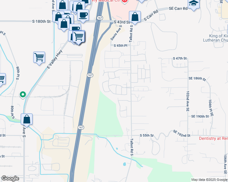 map of restaurants, bars, coffee shops, grocery stores, and more near 5025 Davis Place South in Renton