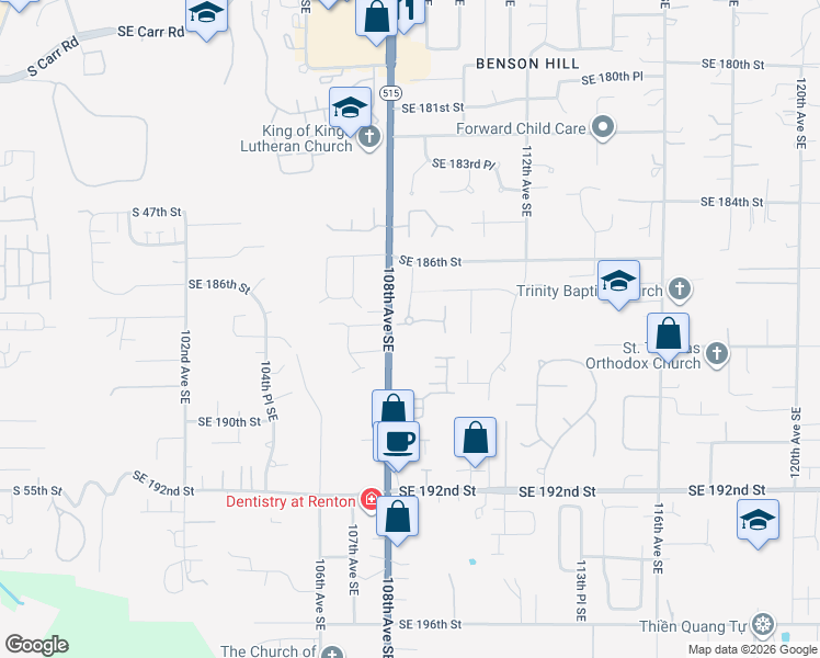 map of restaurants, bars, coffee shops, grocery stores, and more near 10913 Southeast 187th Lane in Renton