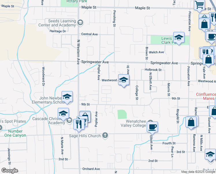 map of restaurants, bars, coffee shops, grocery stores, and more near 1635 Meadow Ridge Drive in Wenatchee