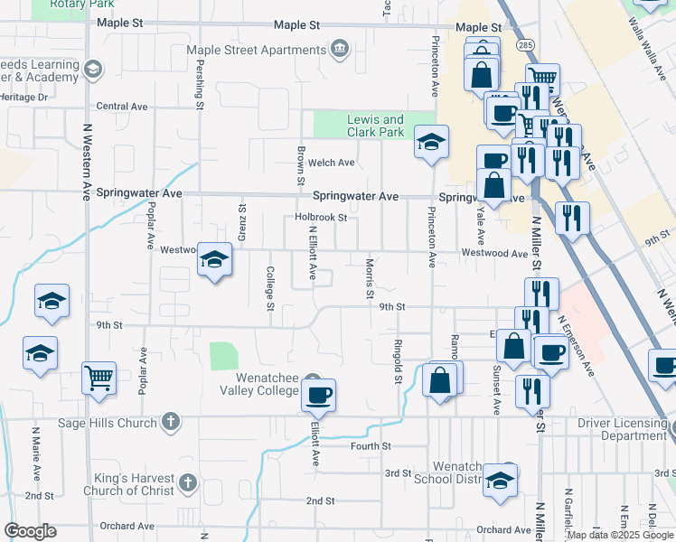 map of restaurants, bars, coffee shops, grocery stores, and more near 1320 Fairhaven Avenue in Wenatchee