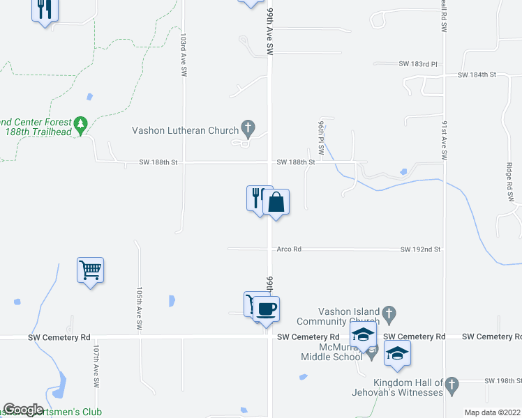 map of restaurants, bars, coffee shops, grocery stores, and more near 19001 Vashon Highway Southwest in Vashon