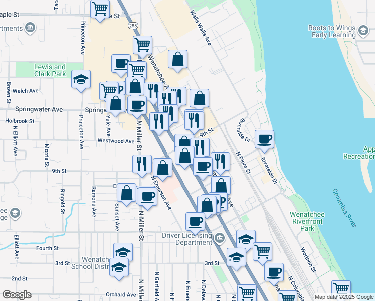 map of restaurants, bars, coffee shops, grocery stores, and more near 701-799 N Mission St in Wenatchee