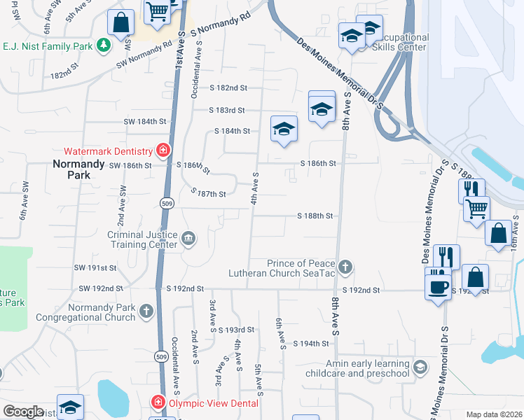 map of restaurants, bars, coffee shops, grocery stores, and more near 410 South 188th Street in Seattle