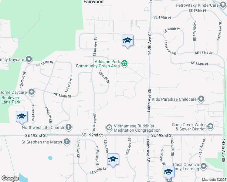 map of restaurants, bars, coffee shops, grocery stores, and more near 18612 135th Place Southeast in Renton