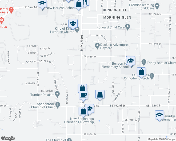 map of restaurants, bars, coffee shops, grocery stores, and more near 10913 Southeast 187th Lane in Renton