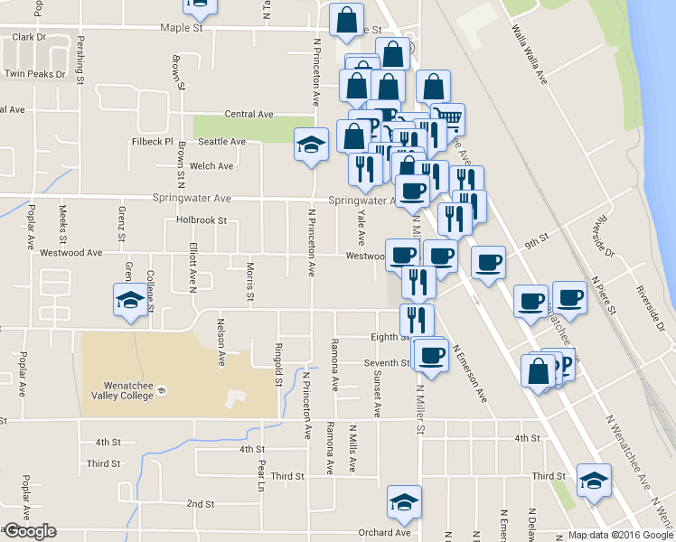 map of restaurants, bars, coffee shops, grocery stores, and more near 1123 Westwood Avenue in Wenatchee