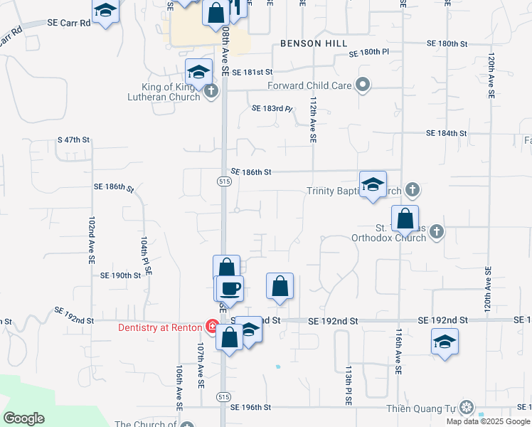 map of restaurants, bars, coffee shops, grocery stores, and more near 18741 109 Lane Southeast in Renton
