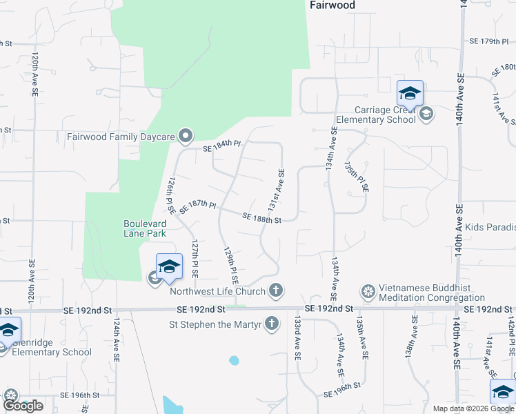map of restaurants, bars, coffee shops, grocery stores, and more near 13002 Southeast 188th Street in Renton