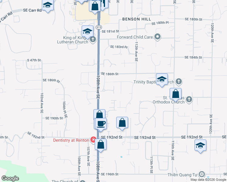 map of restaurants, bars, coffee shops, grocery stores, and more near 18740 109 Lane Southeast in Renton
