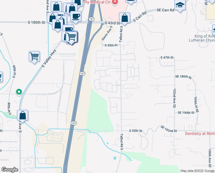 map of restaurants, bars, coffee shops, grocery stores, and more near 5025 Davis Place South in Renton