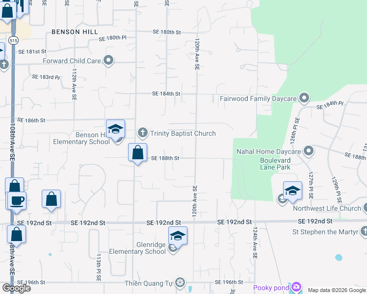 map of restaurants, bars, coffee shops, grocery stores, and more near 11828 Southeast 188th Street in Renton