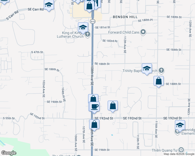 map of restaurants, bars, coffee shops, grocery stores, and more near 10913 Southeast 187th Lane in Renton