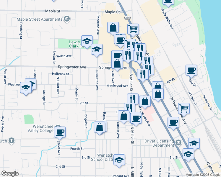 map of restaurants, bars, coffee shops, grocery stores, and more near 1123 Westwood Avenue in Wenatchee